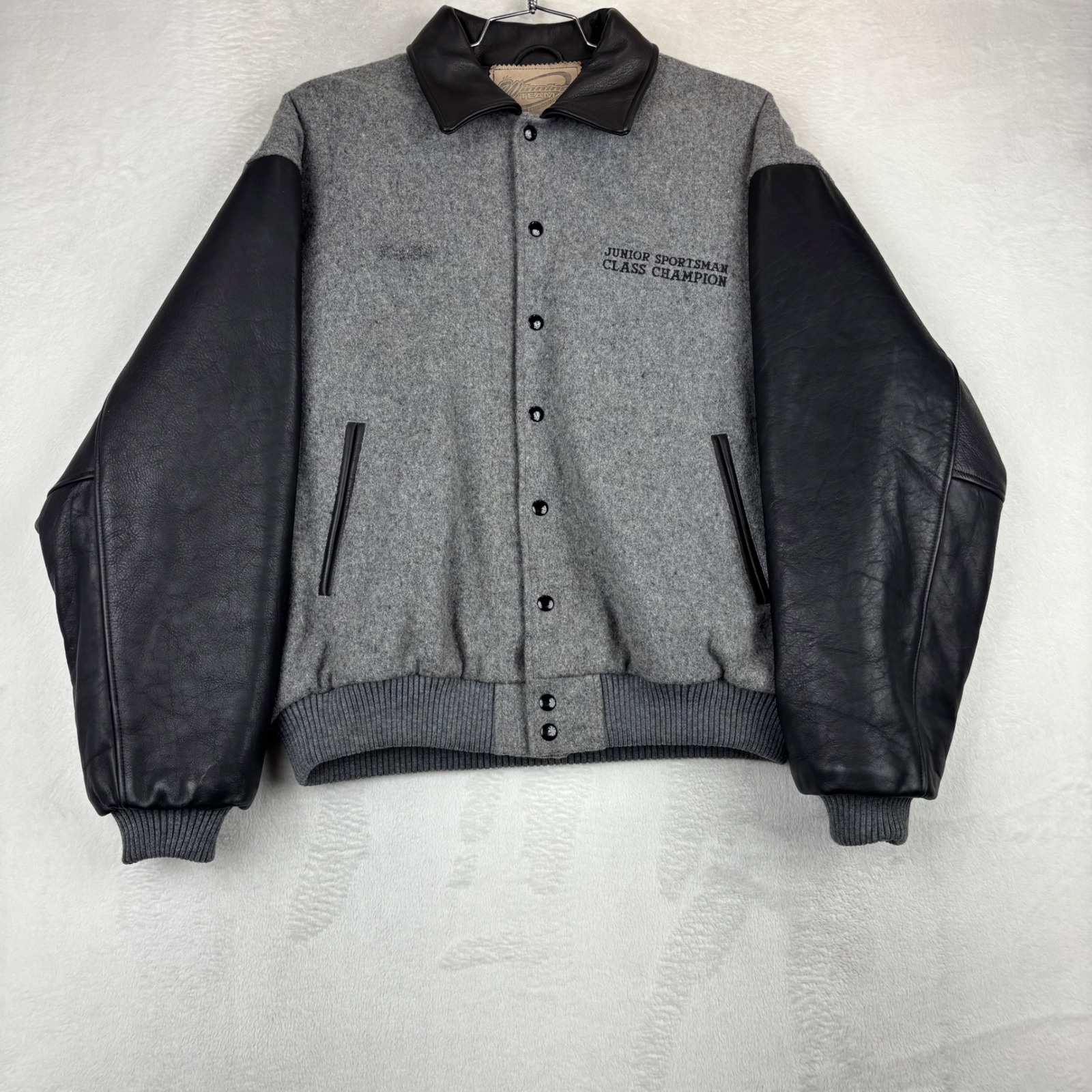 Winning Team Mens Lakc Varsity Jacket Grey Wool Black Leather Sleeve Large